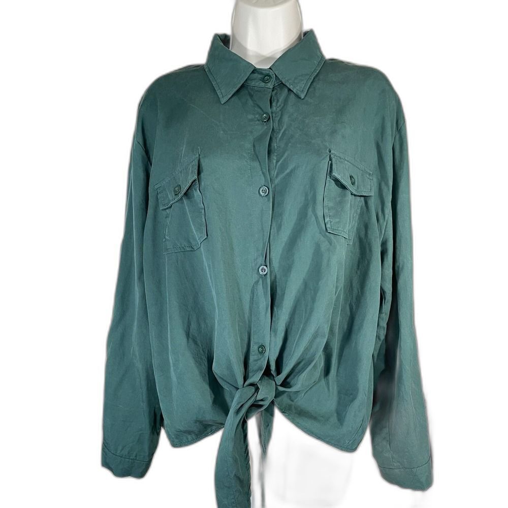 Unbranded Lyocell Tie Front Shirt W/XL Green Excellent Long Sleeve Utility